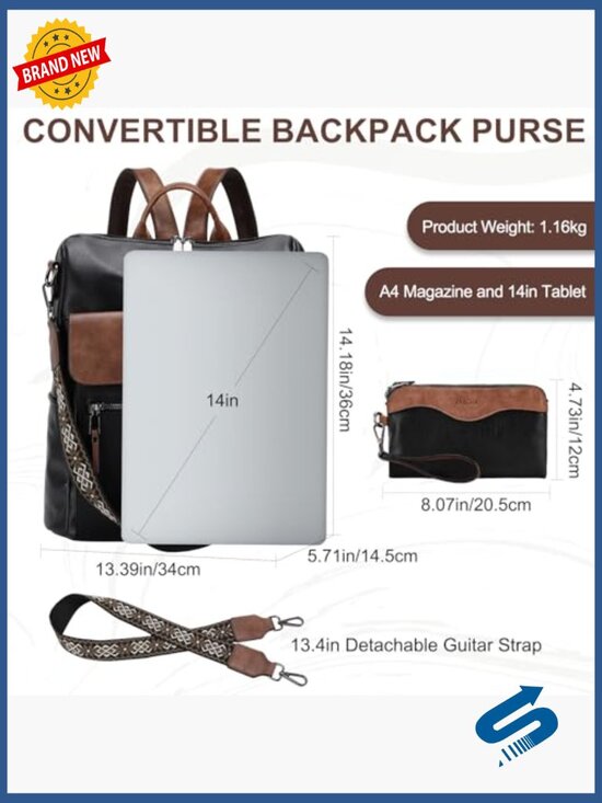 Large Vegan Leather Backpack Purse with Wallet Pouch Set Convertible Handbag main image 5